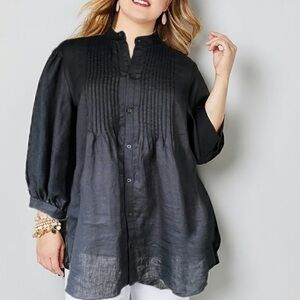 Lauren Ralph Lauren Woman 100%  Linen Button Front Black Pleated Pintuck Tunic